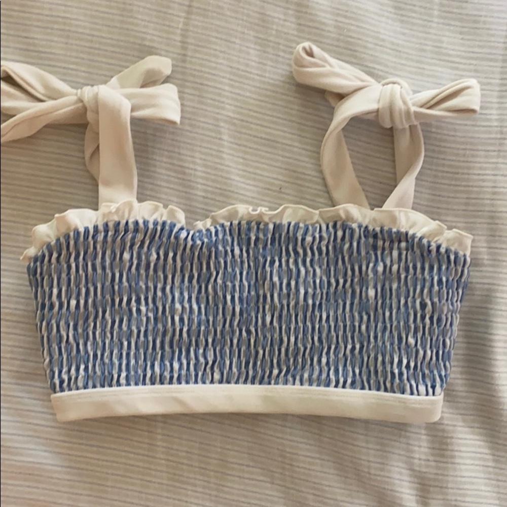 blue and white striped bikini top